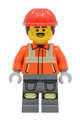 Male construction worker with a reddish orange safety jacket with reflective stripes, dark bluish gray legs with knee pads, red helmet, dark brown short curly hair, moustache - cty2046