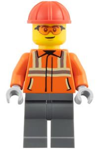 Construction Worker Minifigure - Male construction worker wearing a reddish orange safety jacket with reflective stripes, red construction helmet, safety glasses, and dark bluish gray legs - cty2047