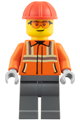 Male construction worker wearing a reddish orange safety jacket with reflective stripes, red construction helmet, safety glasses, and dark bluish gray legs - cty2047