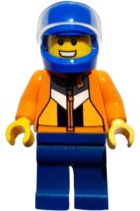 Jason 'Just Jason' Brickle - Male stuntman Jason "Just Jason" Brickle wearing an orange jacket with panels and zipper, dark blue legs, blue helmet with trans-clear visor - cty2050