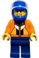 Male stuntman Jason "Just Jason" Brickle wearing an orange jacket with panels and zipper, dark blue legs, blue helmet with trans-clear visor - cty2050