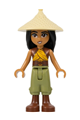 Raya with a tan conical hat, yellow top, reddish brown boots, and an open mouth - dis120