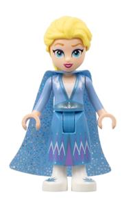 Elsa Minifigure - Minifigure of Elsa wearing a glitter cape with two tails, a medium blue skirt, and white shoes, sporting a small open smile - dis125