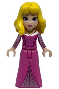 Aurora Minifigure - Aurora with yellow hair wearing a dark pink dress with metallic pink sleeves and a gold necklace - dis153