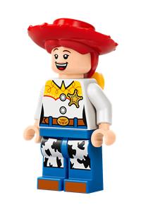Toy Story Jessie Minifigure - Jessie with normal legs, minifigure head and bow, printed dark orange boot tips, and sheriff star badge - dis193