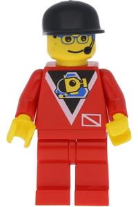 Diver Contol Minifigure - Diver with control 2, wearing red legs, a black cap, and glasses with a headset - div009