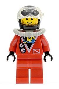 Red Diver Minifigure - Diver wearing a red diver 2 suit with red legs and a black helmet - div014