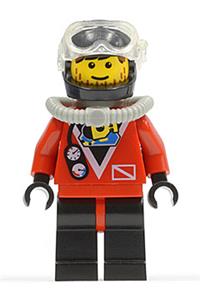 Red Diver Minifigure - Diver with red diver 2, black legs with red hips, black helmet, brown bangs, and stubble - div015