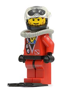 Red Diver Minifigure - Diver with red diver 2 outfit, red legs with black hips, black helmet, brown bangs, and stubble - div016