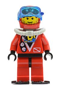 Red Diver Minifigure - Red Diver 1 with red legs, black hips, helmet, light gray scuba tank, and flippers - div017b