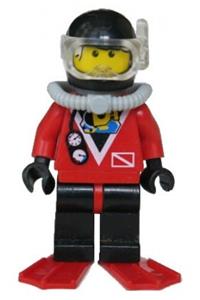 Red Diver Minifigure - Red Diver 2 with black legs, red hips, black helmet, and red flippers - div019