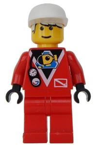 Red Diver Minifigure - Diver wearing a red diver 2 suit with a white cap - div020