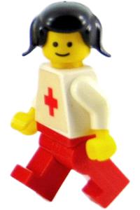 Female Doctor Minifigure - Female doctor with plain white torso featuring red cross sticker, red legs, and black pigtails hair - doc013s