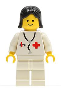 Doctor Minifigure - Female doctor with black hair, wearing white legs and a stethoscope - doc016