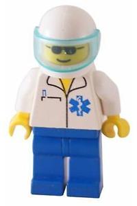 EMT Motorbiker Minifigure - EMT doctor wearing a white helmet with a Trans-Light Blue visor, blue legs, and EMT Star of Life emblem - doc017