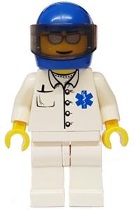 Doctor Minifigure - A doctor EMT wearing a star of life button shirt, white legs, blue helmet, and trans-black visor - doc022