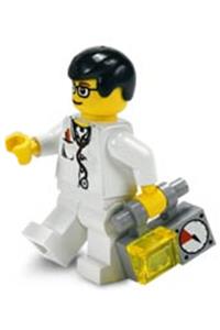 Doctor Minifigure - Doctor with a lab coat, stethoscope, and thermometer, white legs, black male hair, and glasses - doc024
