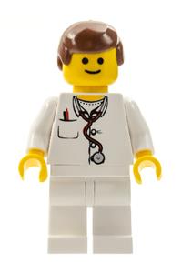 Doctor Minifigure - Doctor with a lab coat, stethoscope, and thermometer, wearing white legs and reddish brown male hair - doc025