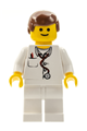 Doctor with a lab coat, stethoscope, and thermometer, wearing white legs and reddish brown male hair - doc025