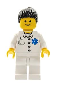 Doctor Minifigure - Doctor with EMT Star of Life button shirt, black ponytail hair, and white legs - doc026