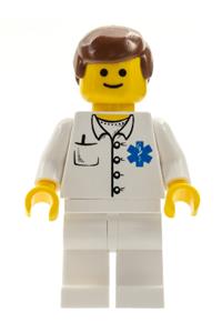 Doctor Minifigure - Doctor EMT wearing a Star of Life button shirt, with reddish-brown male hair and white legs - doc027