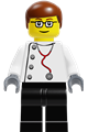 Doctor with black legs, wearing glasses, reddish brown male hair, and a stethoscope with 4 side buttons - doc028