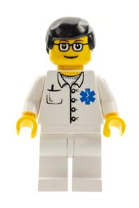 Doctor Minifigure - Doctor EMT wearing a Star of Life button shirt with white legs, black male hair, and glasses - doc032