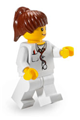 Female doctor with a lab coat, stethoscope, and thermometer, with reddish brown ponytail hair and white legs - doc033