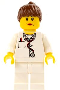 Doctor Minifigure - Female doctor with reddish brown ponytail hair, wearing a lab coat with stethoscope and thermometer, and white legs, with a dual-sided head - doc036