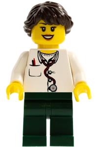 Doctor Minifigure - Female doctor with long French braided hair, wearing a lab coat, stethoscope and thermometer, and dark green legs - doc037