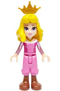 Aurora - Aurora with dark pink top, metallic pink sleeves, gold necklace, dark pink cropped trousers, reddish brown boots, yellow hair, and crown tiara - dp194