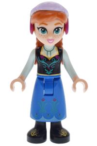 Anna - Anna is wearing a black top with light aqua sleeves, a blue skirt, black boots, and has a narrow smile - dp209