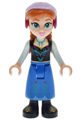 Anna is wearing a black top with light aqua sleeves, a blue skirt, black boots, and has a narrow smile - dp209