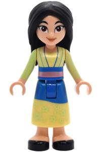 Mulan - Mulan wearing a yellowish green and bright light yellow robe, black shoes, and a wide grin with corner indents - dp226