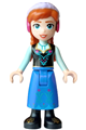 Anna wearing a blue skirt, black boots, black top with light aqua sleeves, wide smile, and coral lips - dp239