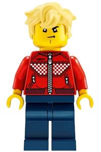 Cooper Minifigure - Cooper with a red racing driver jacket with dark blue legs - drm008
