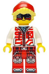 Cooper Minifigure - Cooper with a black visor, wearing a white hoodie and red legs - drm069