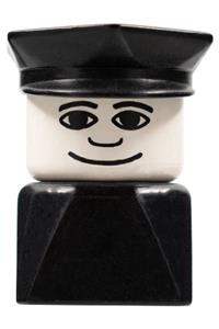 Duplo Male on Black Base - Male Duplo figure on black base with a black police hat and a wide smile - dupfig002