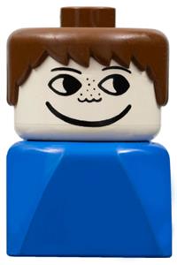 Duplo Male on Blue Base - Male Duplo figure with brown hair, freckles, on a blue base - 2x2x2 brick early - dupfig004