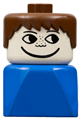 Male Duplo figure with brown hair, freckles, on a blue base - 2x2x2 brick early - dupfig004