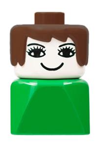 Duplo Female on Green Base - Female Duplo figure with brown hair, eyelashes, on a green base (2x2x2 brick) - dupfig007