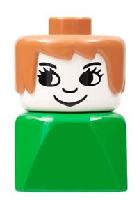 Duplo Female on Green Base - Female Duplo figure on green base with Fabuland brown hair, eyelashes, and a nose - dupfig008