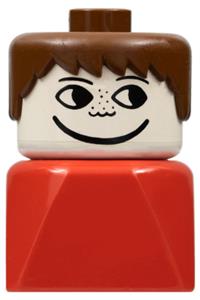 Duplo Male on Red Base - Male Duplo figure with brown hair and freckles, on a red base, built with 2 x 2 x 2 bricks - dupfig010