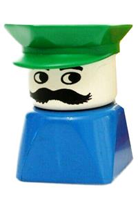 Duplo Male on Blue Base - Male Duplo figure on blue base with a green police hat, built from a 2x2x2 brick - dupfig012