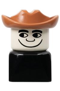 Duplo Male on Black Base - A male Duplo figure on a black base, wearing a Fabuland brown Western hat and looking right - dupfig014r