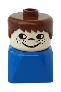 Duplo Male on Blue Base - Male Duplo figure with brown hair, cheek freckles, on a blue base - dupfig015