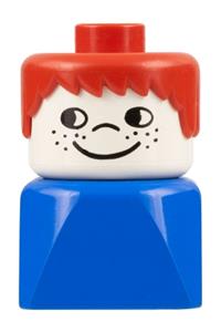 Duplo Male on Blue Base - A male Duplo figure on a blue base with red hair and cheek freckles - dupfig018