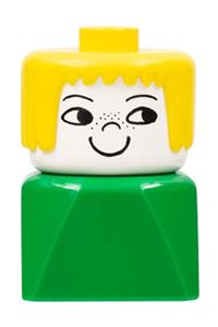 Duplo Female on Green Base - A female Duplo figure with yellow hair, nose freckles, on a green base, measuring 2 x 2 x 2 - dupfig019