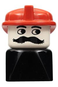 Duplo Male on Black Base - A male Duplo figure with a moustache, wearing a red hat, on a black base - dupfig022