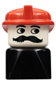 A male Duplo figure with a moustache, wearing a red hat, on a black base - dupfig022